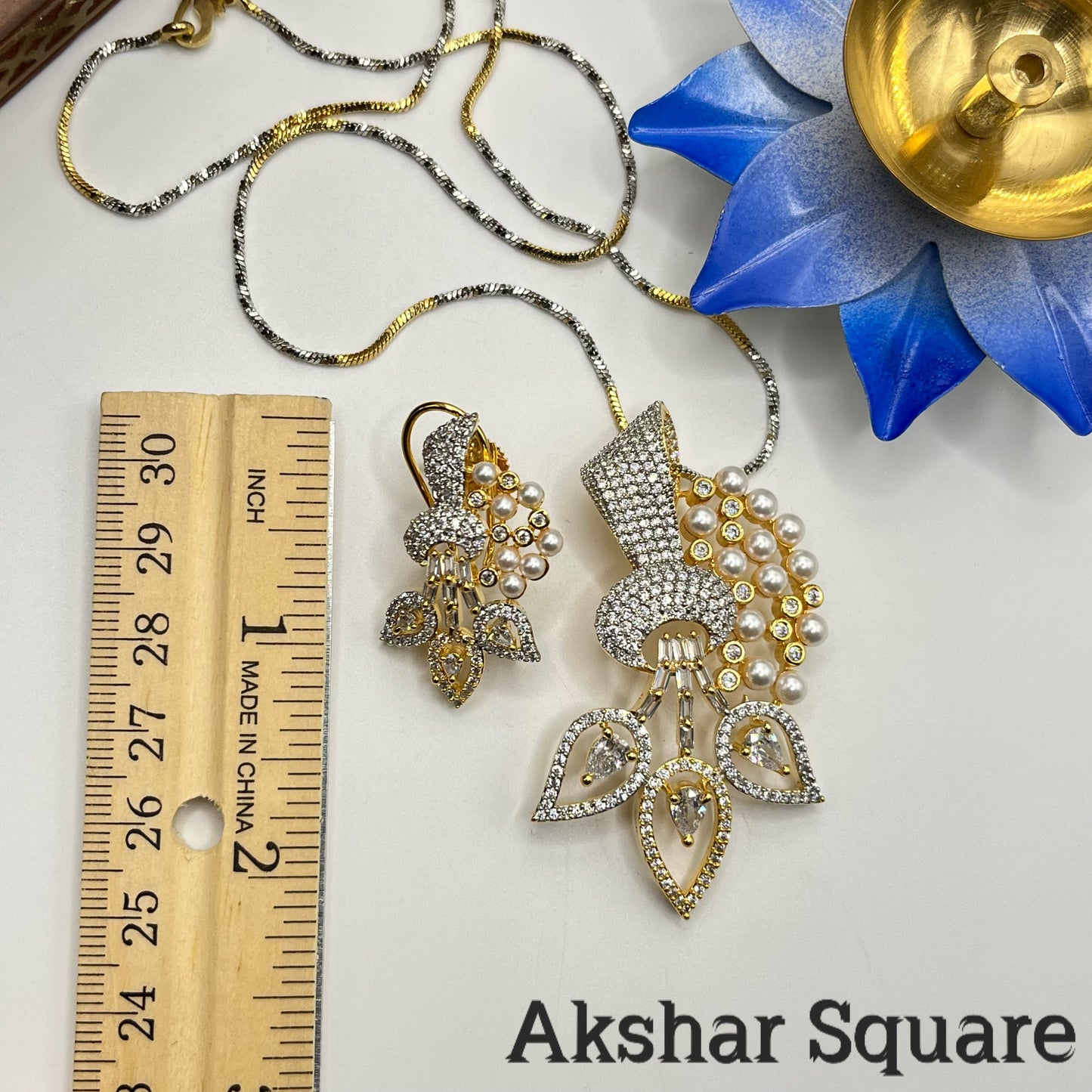 Dual tone CZ & Pearl pendant set