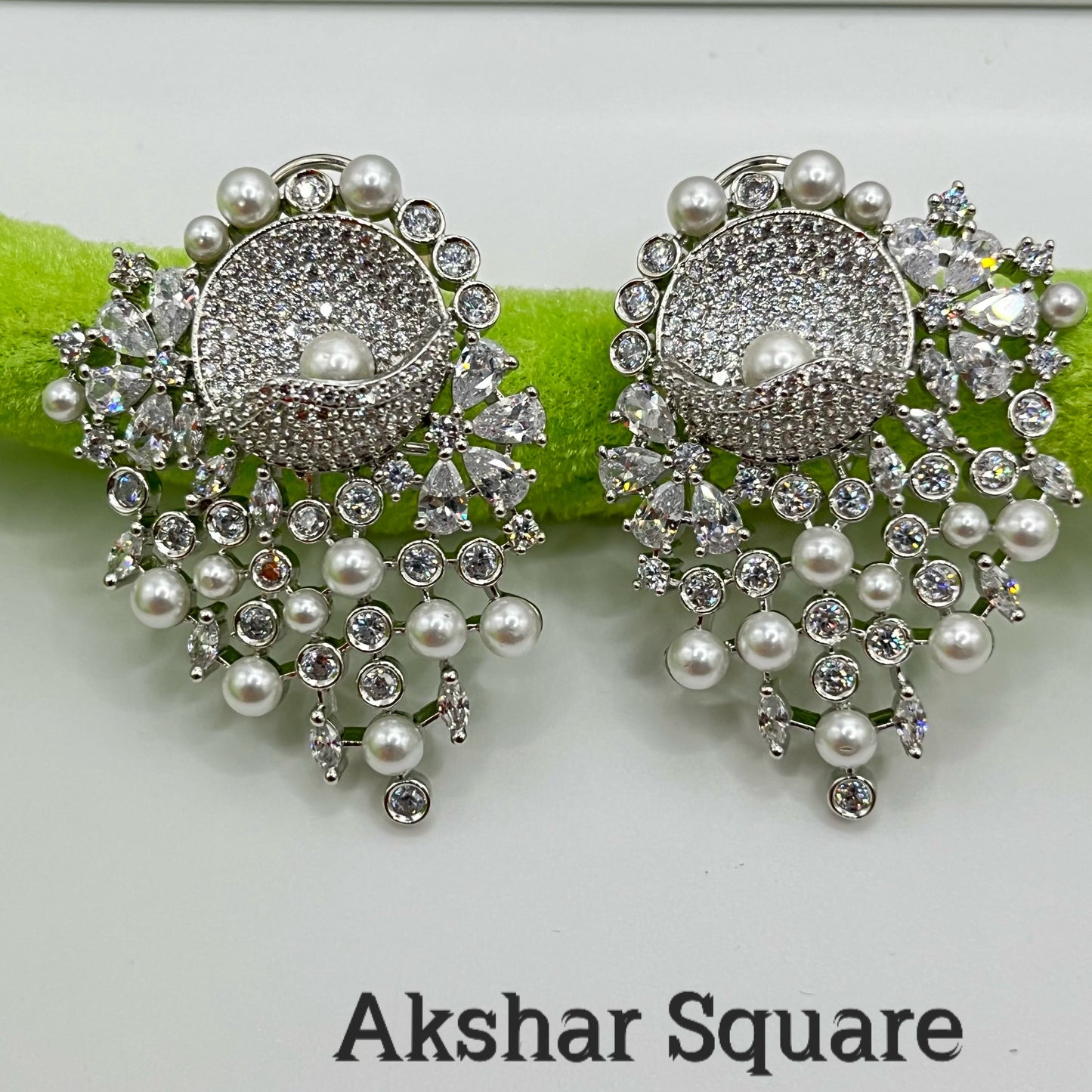 Rhodium CZ Pearl Earrings