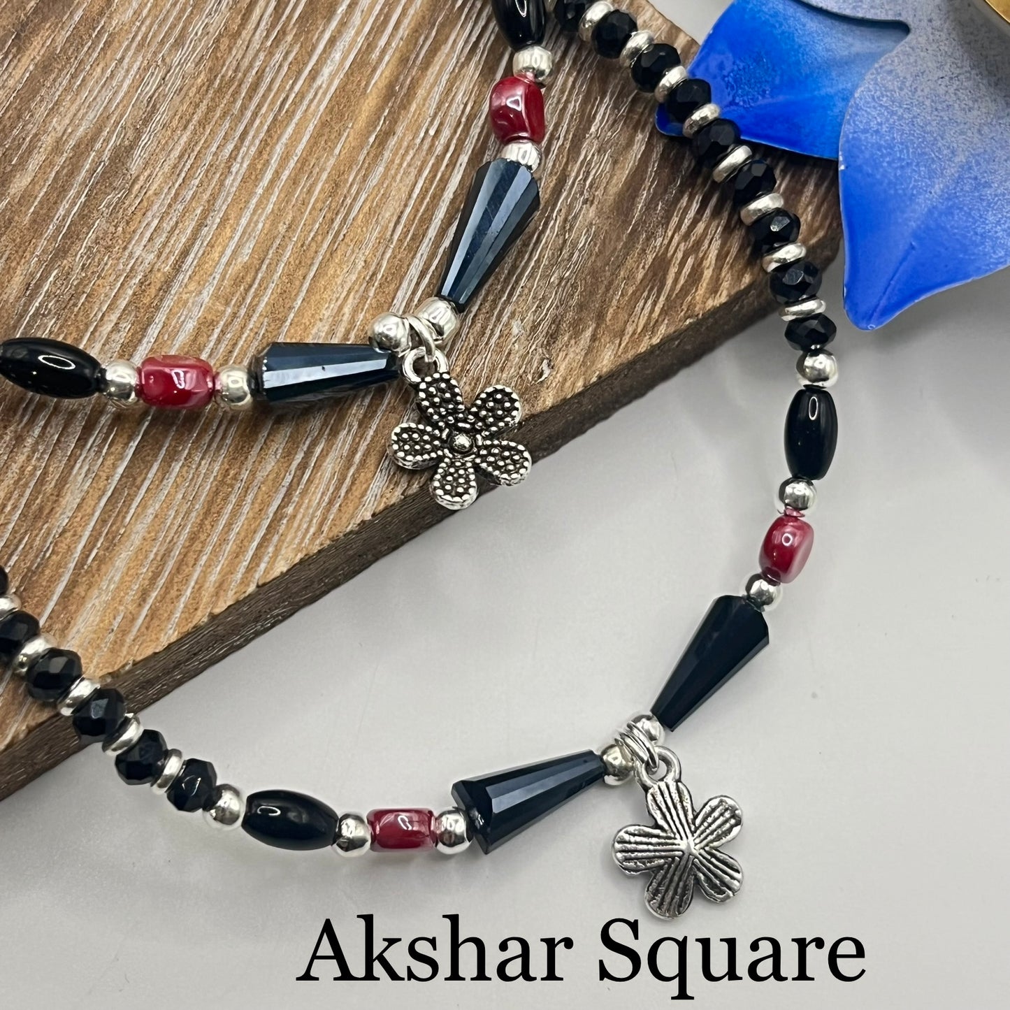Black crystal bead anklets with flower charm